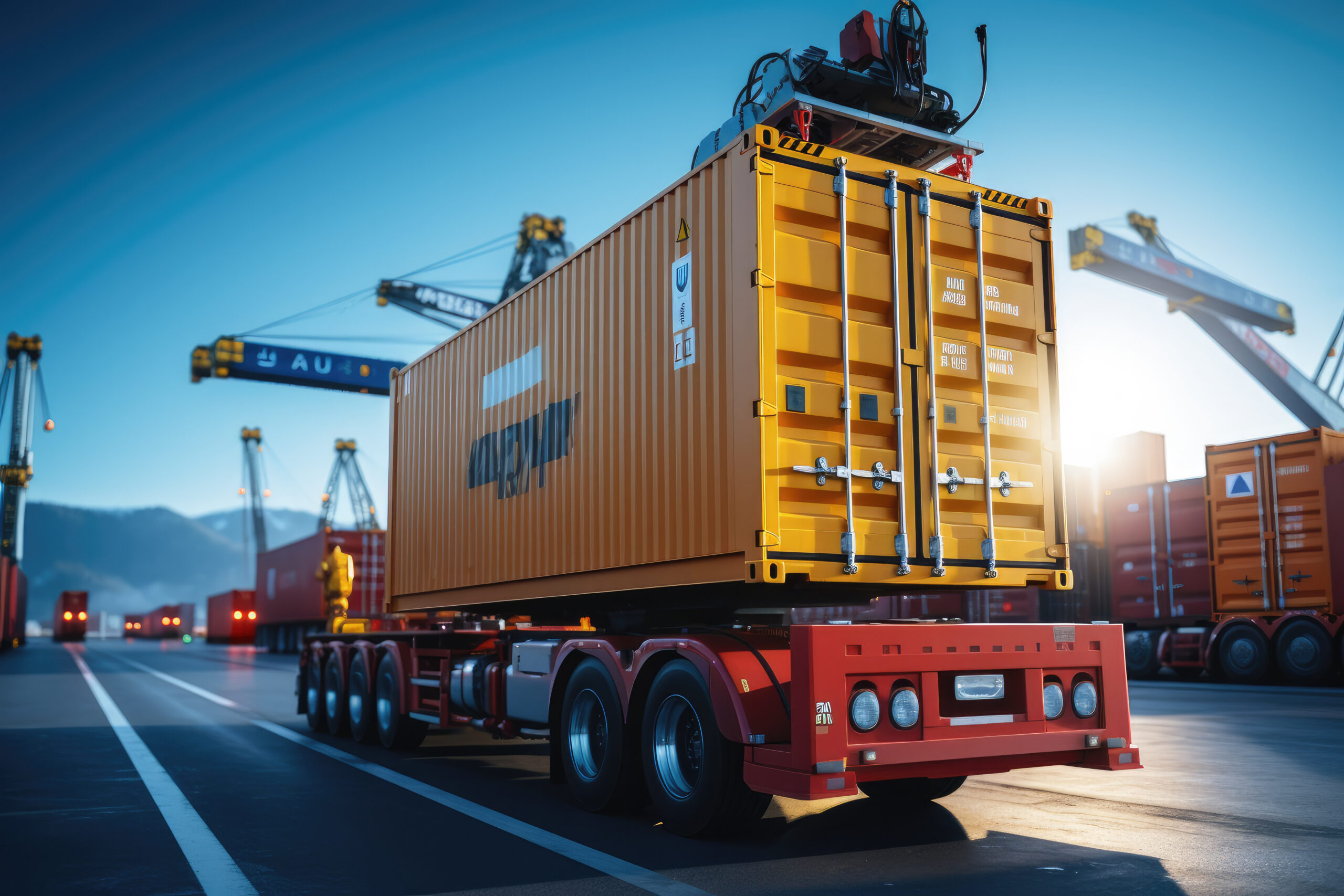 LKW mit gelbem Frachtcontainer auf einem Anhänger im Containerhafen