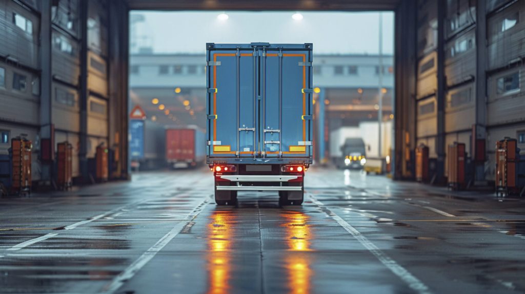 Lkw mit blauem Container fährt durch ein beleuchtetes Industriegebäude bei nasser Fahrbahn