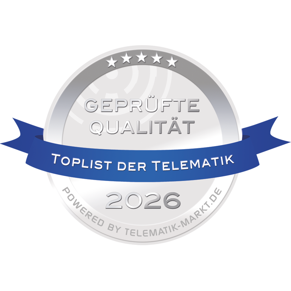 Siegel "Toplist der Telematik", powered by telematik-markt.de mit "Geprüfte Qualität" für das Jahr 2026