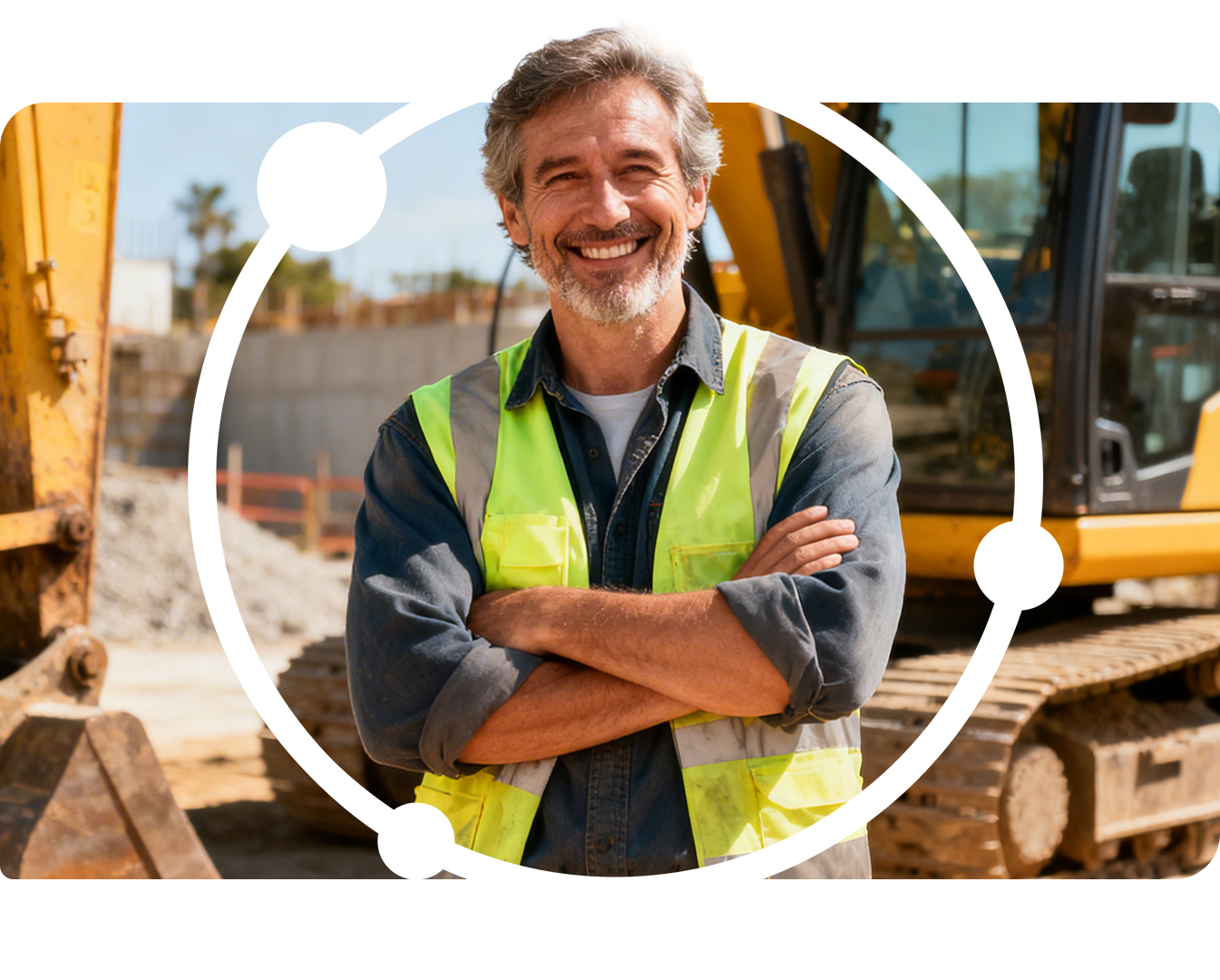 Ein Bauarbeiter vor einem Bagger, mit routecontrol Bildmarke