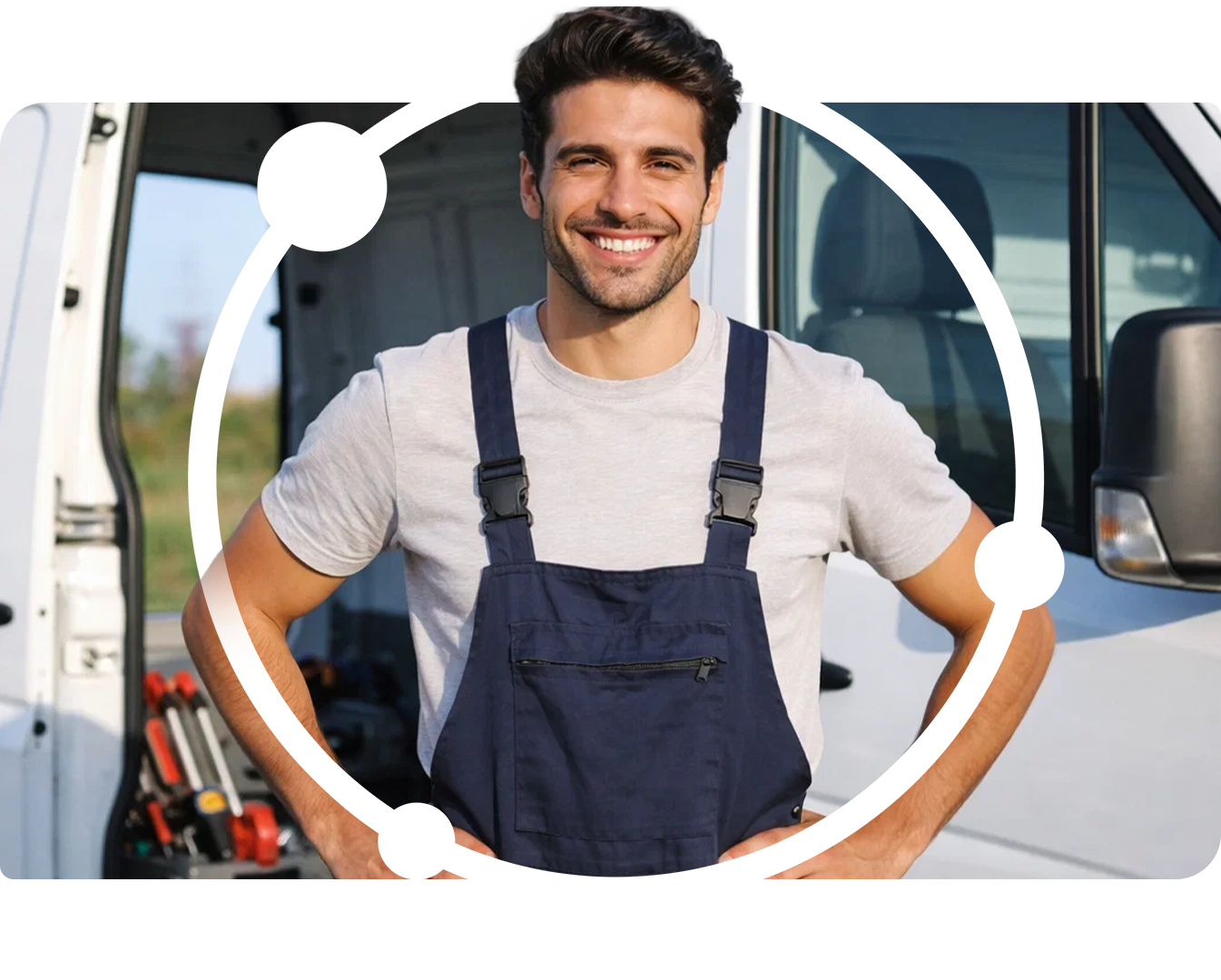 Handwerker vor einem Transporter, mit routecontrol Bildmarke