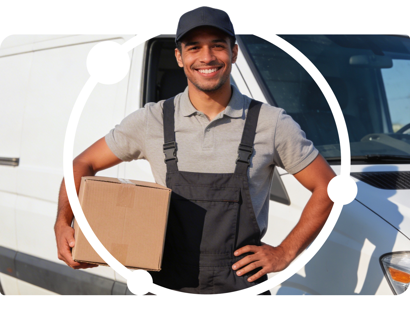 Ein Lieferant mit Paket vor einem Transporter, mit routecontrol Bildmarke