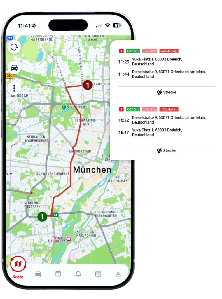 Routecontrol Oberfläche mit rot markierter Route, mit Fahrtenbuch in dem Zeiten, Adressdaten, Fahrtdauer, Fahrtdistanz und Fahrtzweck notiert sind