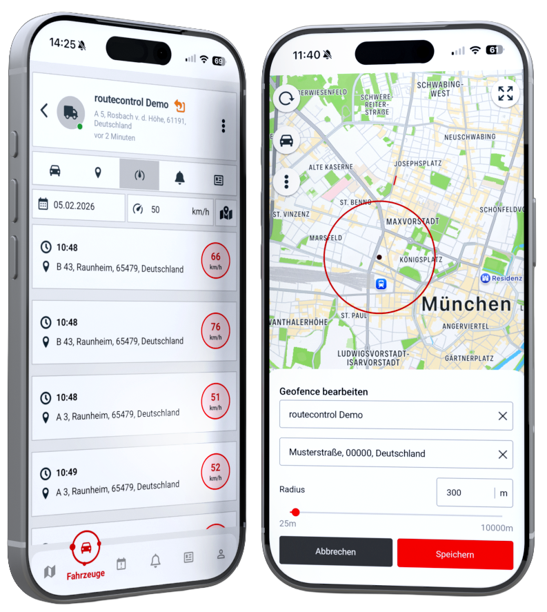 Zwei Handy Mockups zeigen jeweils die Oberflächen für Geschwindigkeitsüberwachung und Geofencing.