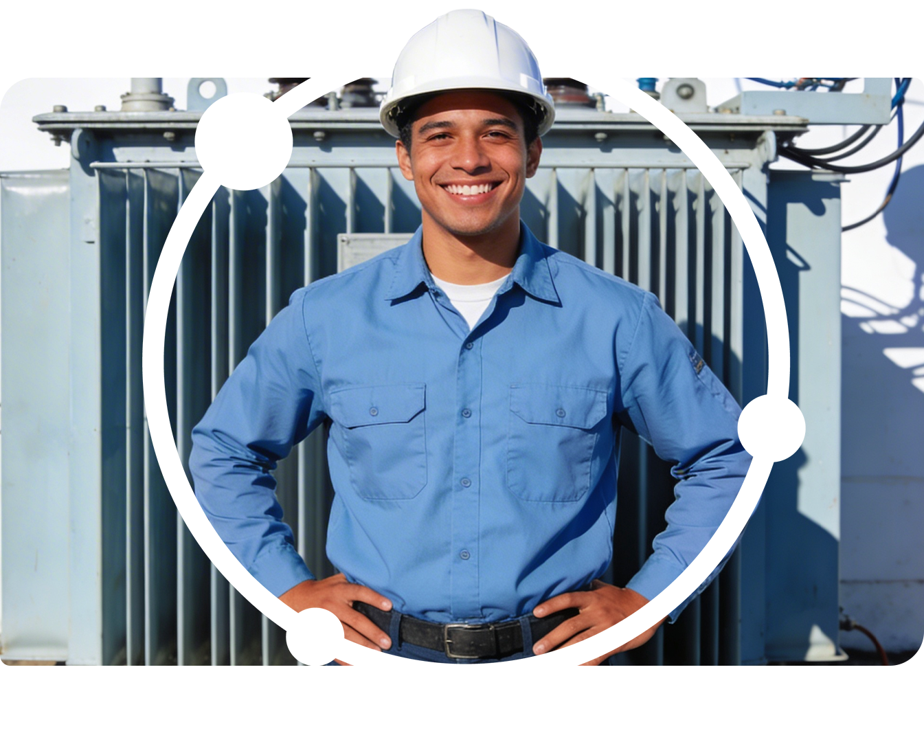 Dienstleister vor einem Transformator, mit routecontrol Bildmarke