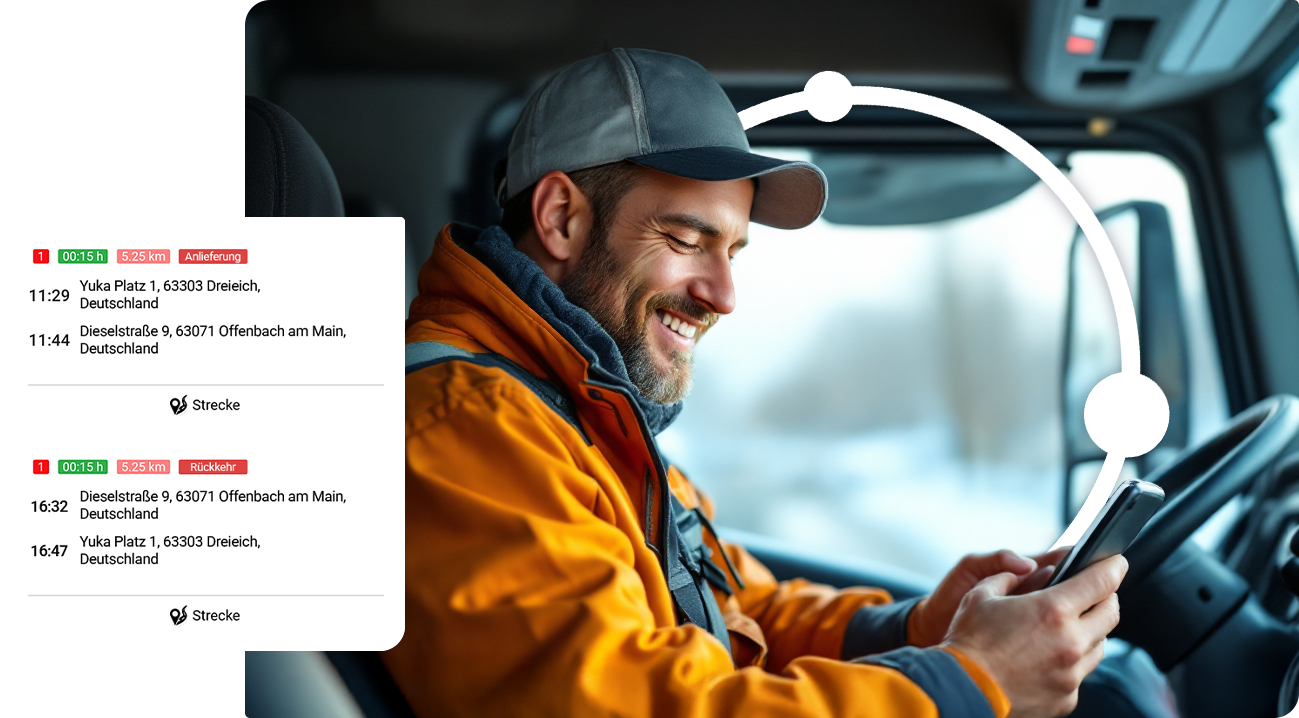 Ein LKW Fahrer in der Fahrerkabile mit Handy und routecontrol Bildmarke. Ein Popup zeigt zusätzlich die Fahrtdetails an