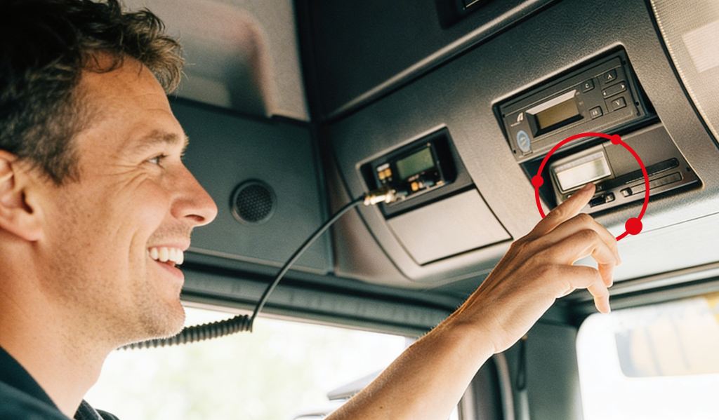Ein LKW-Fahrer mit einem Fahrtenschreiber und routecontrol Bildmarke