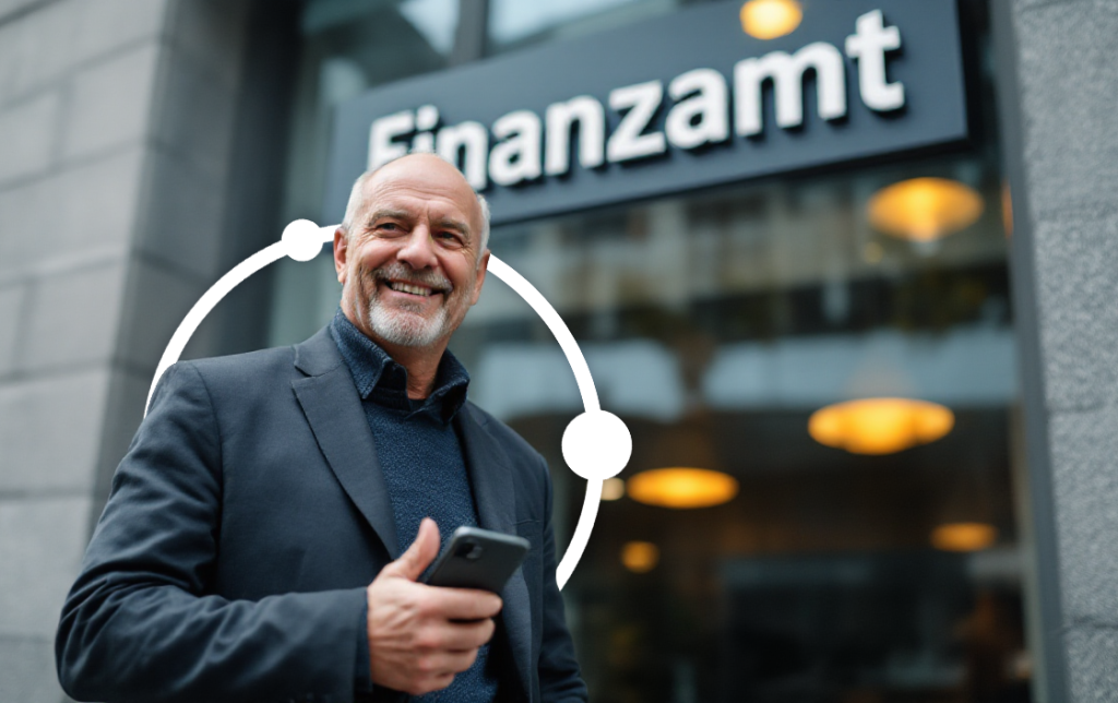 Ein Mann steht vor dem Finanzamt mit Handy und routecontrol Bildmarke