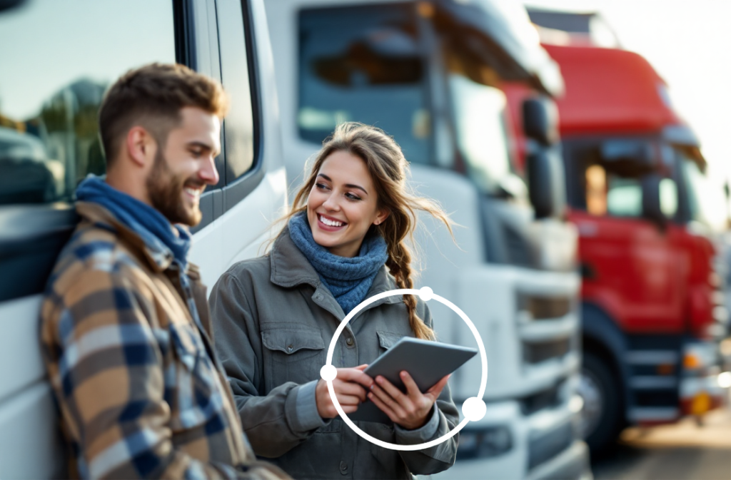Ein Mann und eine Frau stehen mit einem Tablet umringt von der routecontrol Bildmarke vor einem Fuhrpark von LKWs