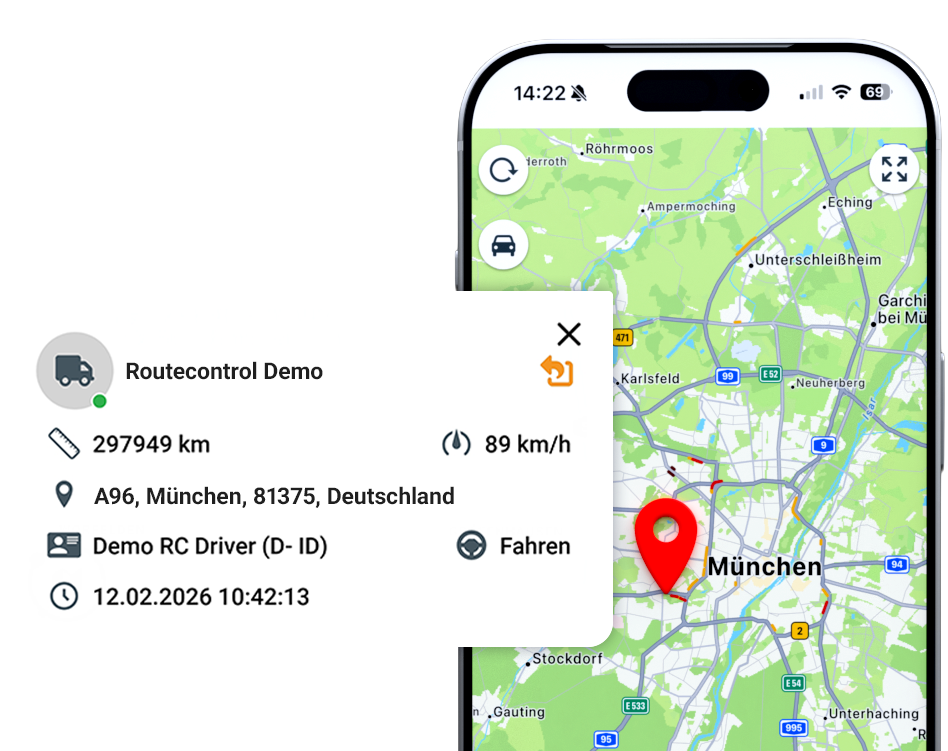 routecontrol App mit Fahrzeugdetails (Kilometerstand, aktuelle Geschwindigkeit, aktueller Standort, aktueller Fahrer, aktuelles Status sowie Datum und Uhrzeit)