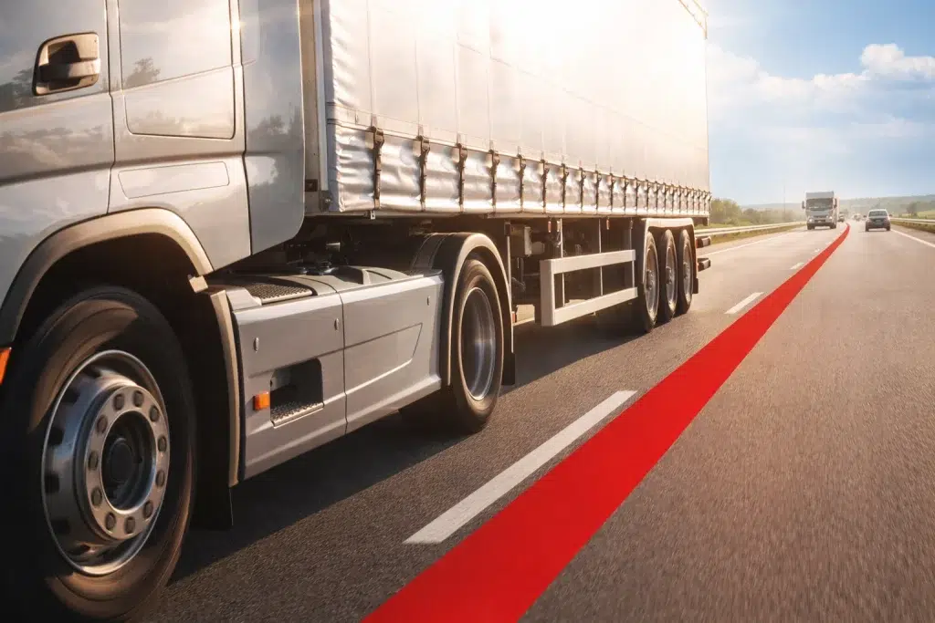 Ein Lastwagen auf einer Landstraße, mit rot markierter Route