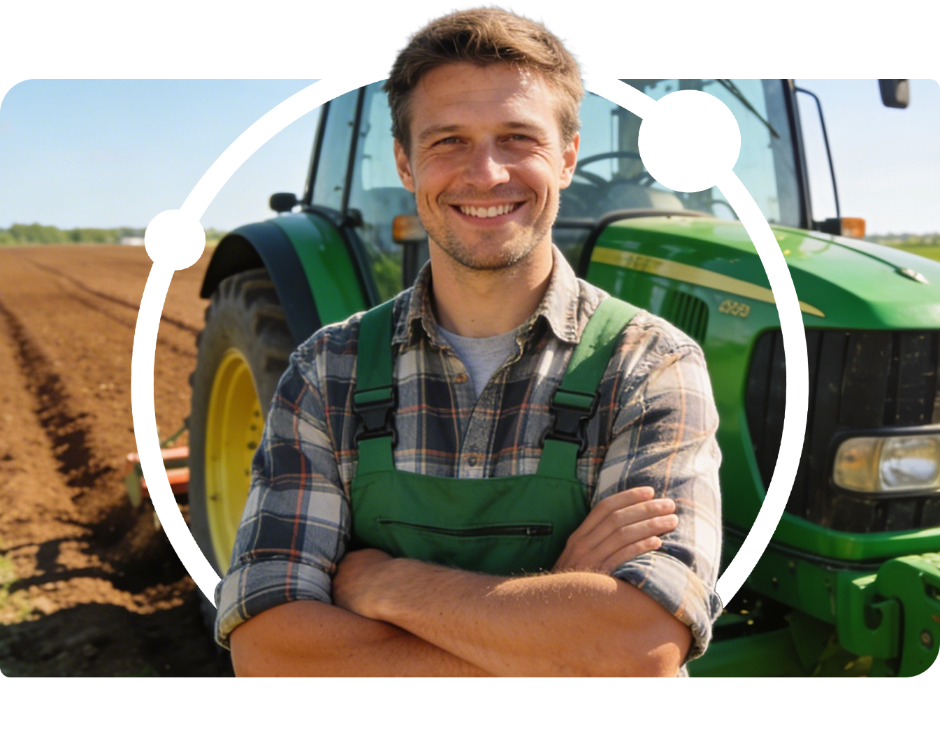 Ein glücklicher Landwirt steht vor einem Traktor und der routecontrol Bildmarke